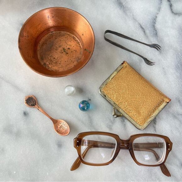 Vintage | Miscellaneous Misc Lot Random Items Marbles Glasses Copper Sewing Kit - Picture 2 of 7